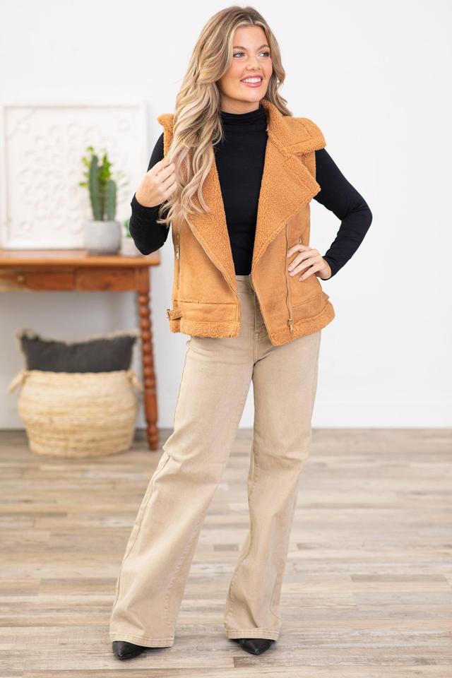 Camel Faux Suede Sherpa Lined Vest Product Image