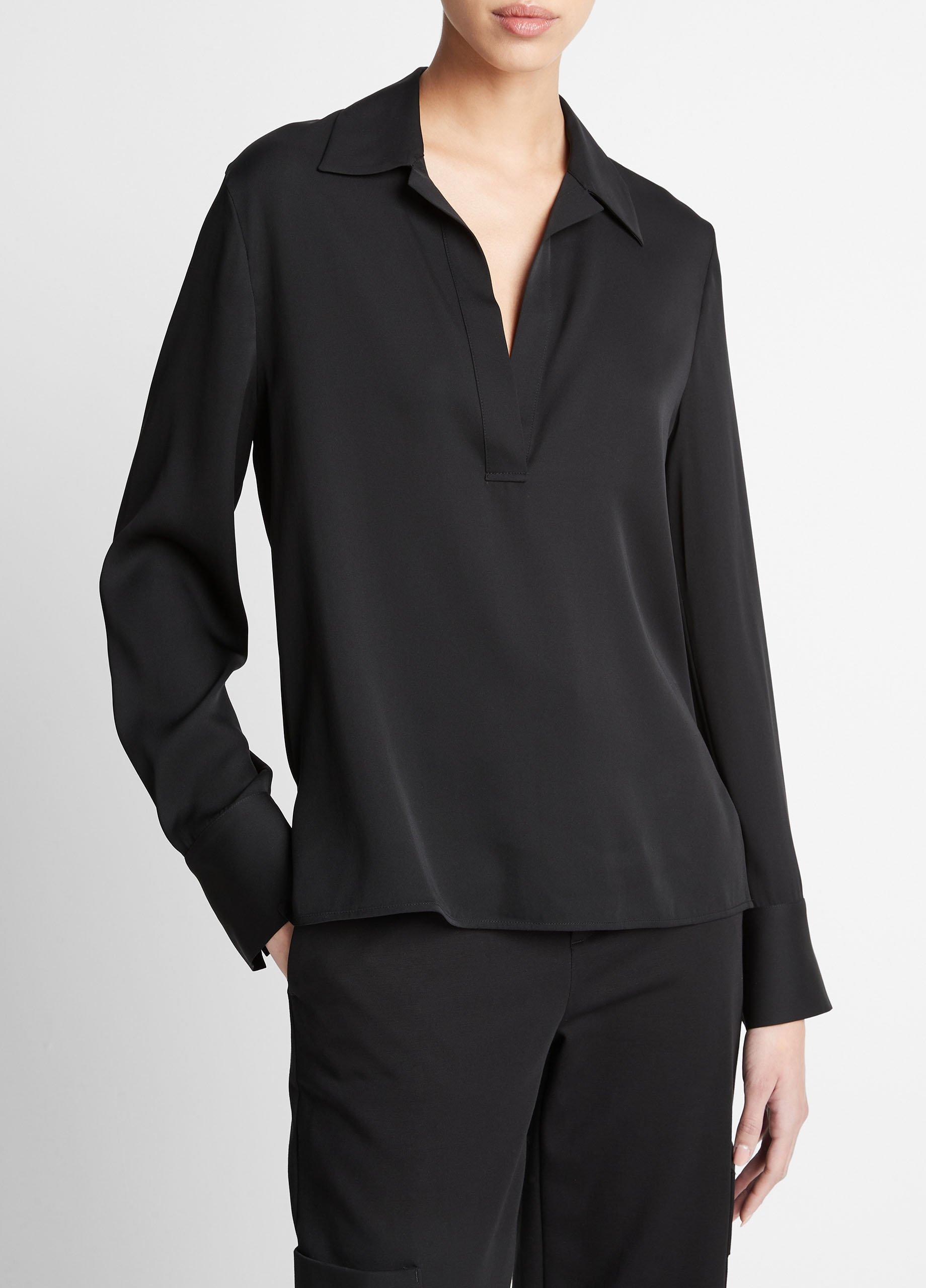 Stretch-Silk Long-Sleeve Polo Blouse Product Image