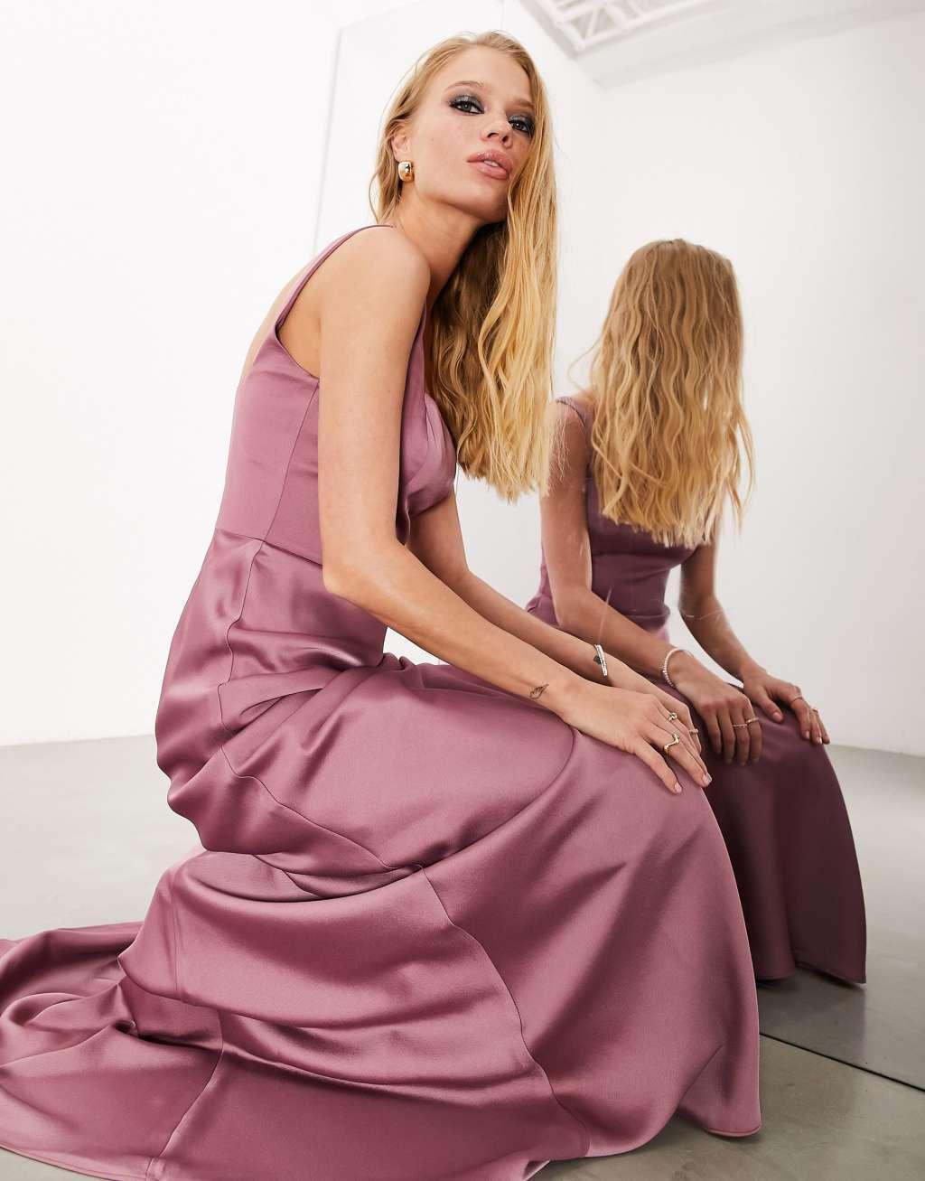 ASOS DESIGN Bridesmaid satin square neck maxi dress in orchid Product Image