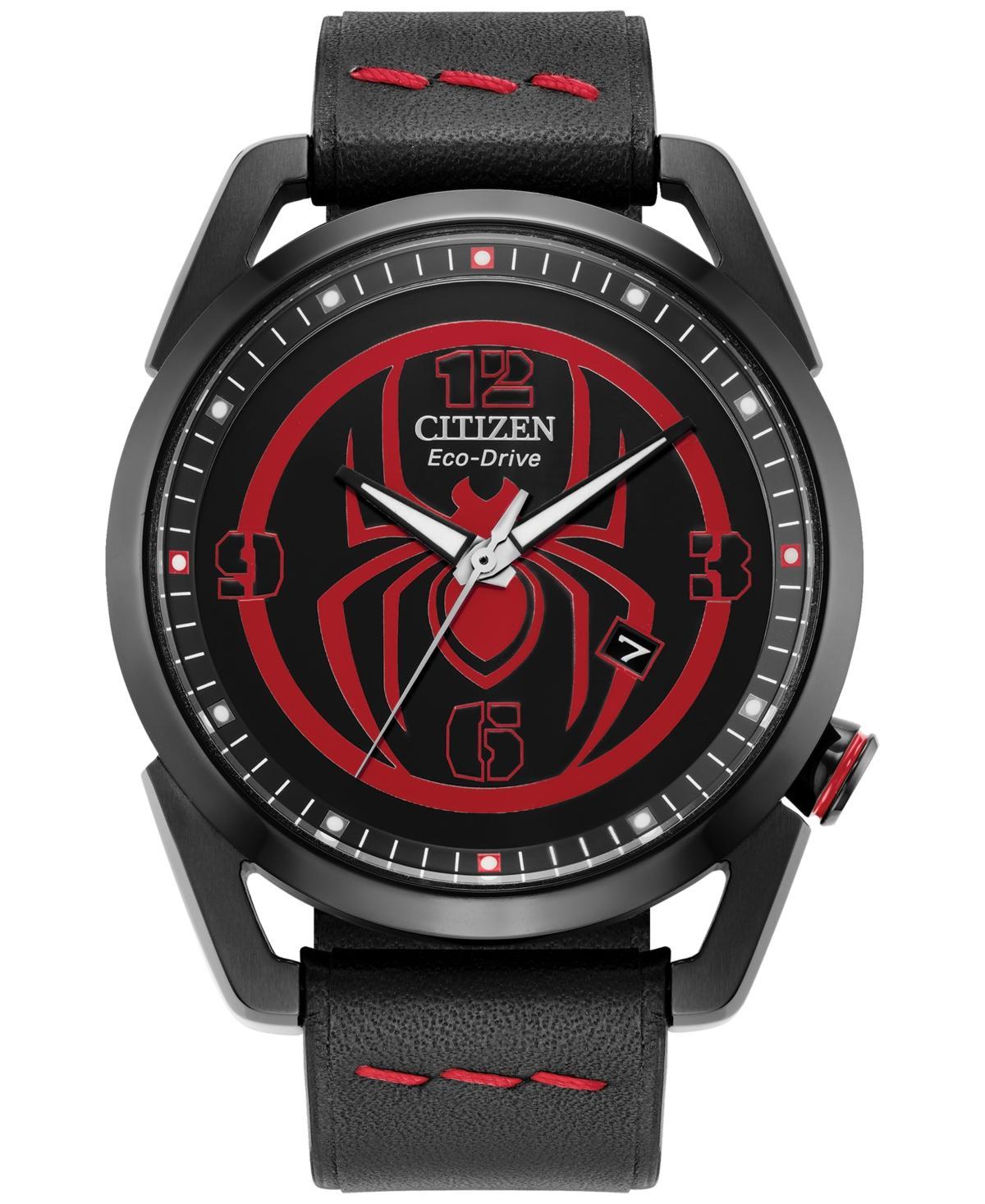 Citizen Mens Marvel Miles Morales Spider-Man Three Hand Black Leather Strap Watch Product Image