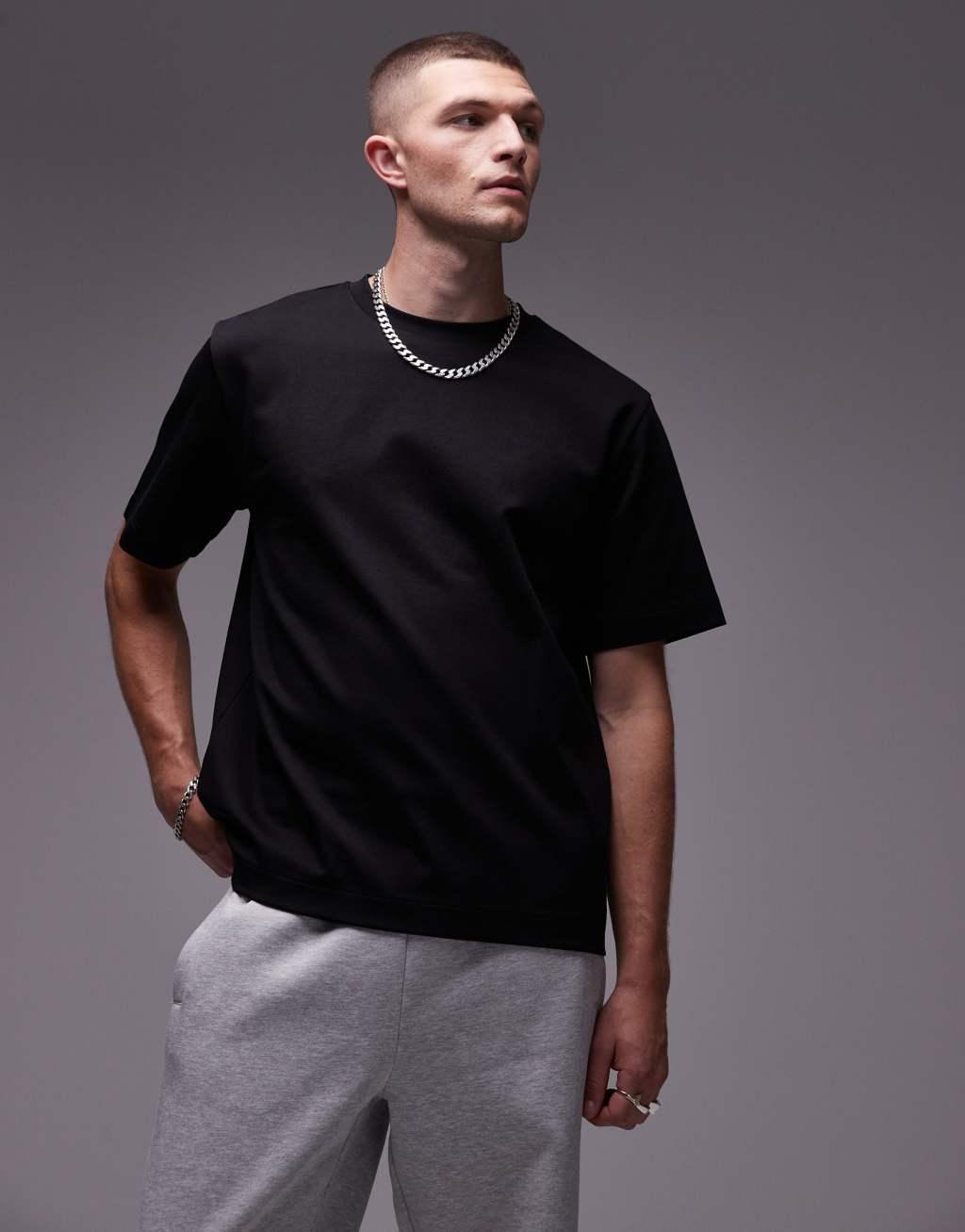 ARKET heavyweight interlock jersey oversized T-shirt in black Product Image