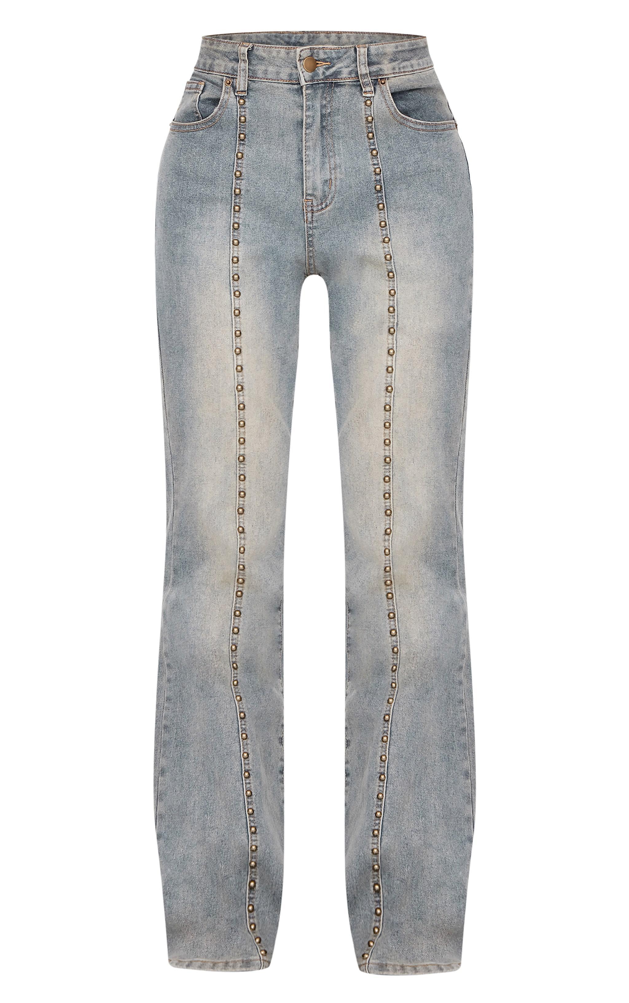 Vintage Washed Front Seam Studded Flared Jeans Product Image