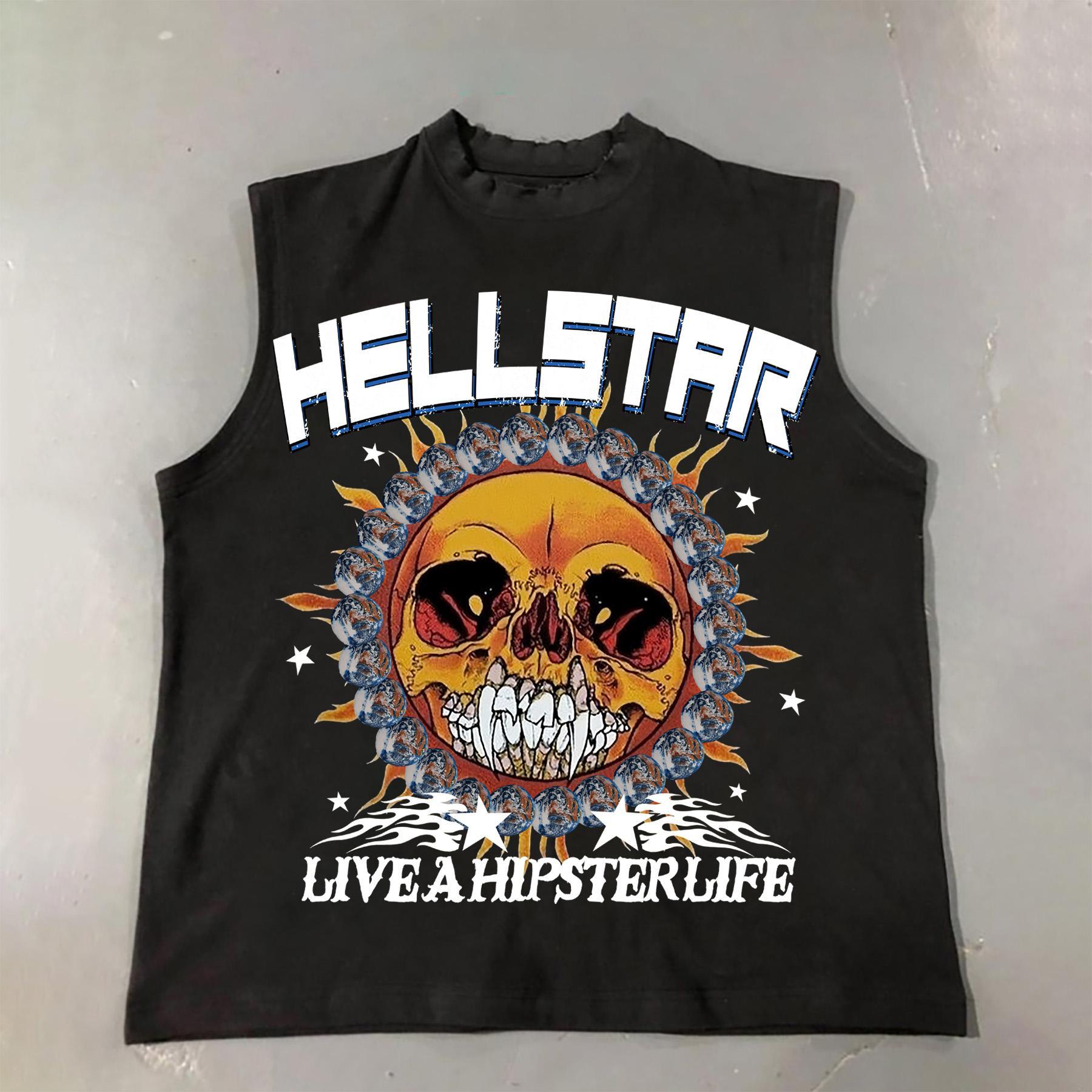 Hellstar Skull Smile Face Earth Print Cotton Sleeveless Tank Top Product Image