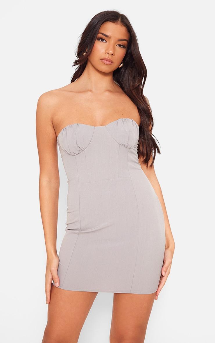 Grey Stretch Woven Ruched Cup Mini Dress Product Image