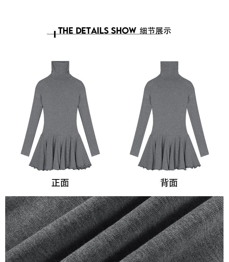 Long-Sleeve Turtleneck Plain Lettuce Edge Mini A-Line Dress Product Image