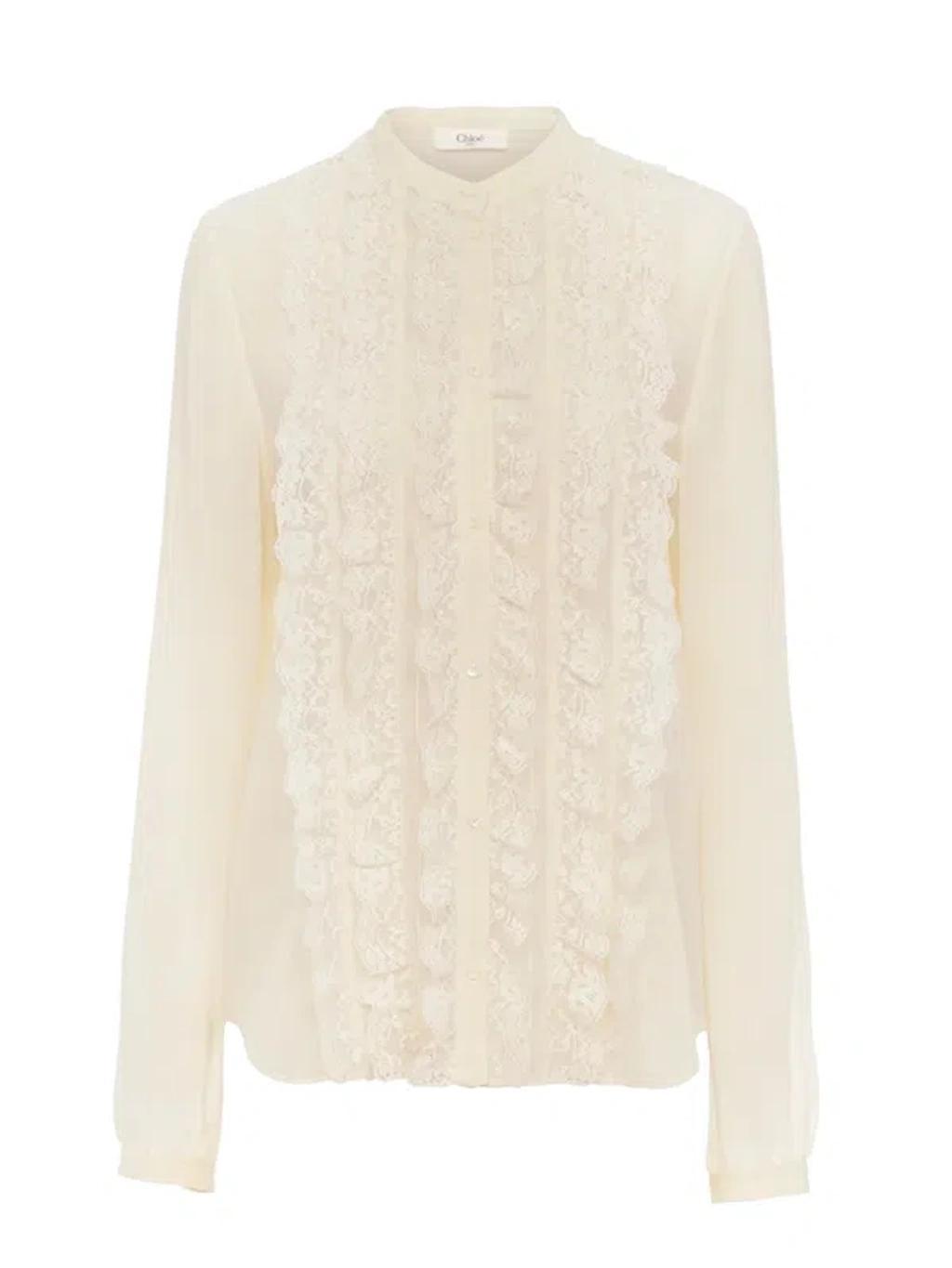 Lace-ruffle Bib Silk Button-down Top In Nude & Neutrals product image