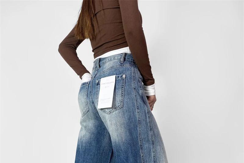 Mid Rise Washed Panel Wide Leg Jeans Product Image