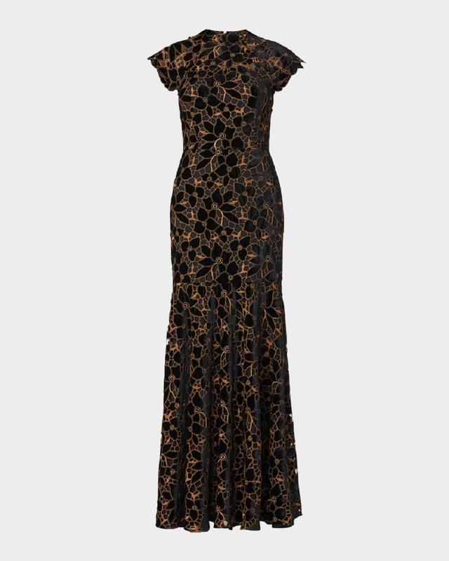 Velvet Floral-Lace Cap-Sleeve Gown Product Image