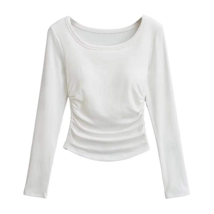 Long Sleeve Crew Neck Plain Ruched T-Shirt Product Image