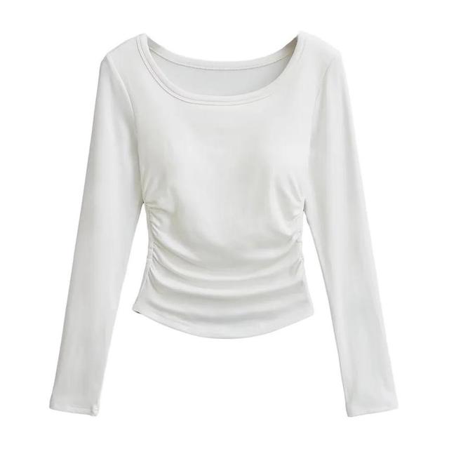 Long Sleeve Crew Neck Plain Ruched T-Shirt Product Image