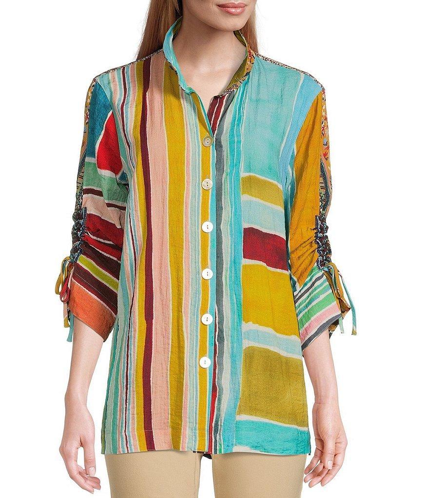 John Mark Mixed Stripe Print Point Collar Cinched 3/4 Tie Sleeve Button Front Top Product Image