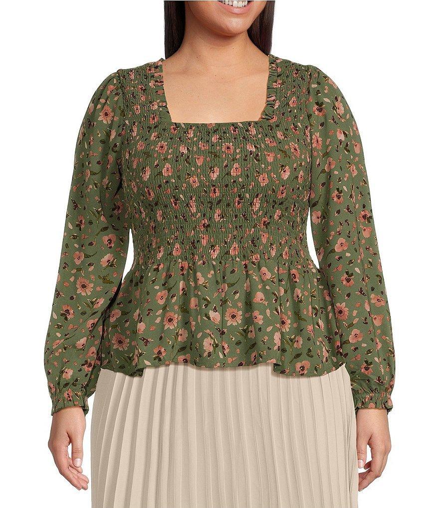 Dex Clothing Plus Size Long Sleeve Floral Printed Smocked Woven Top Product Image