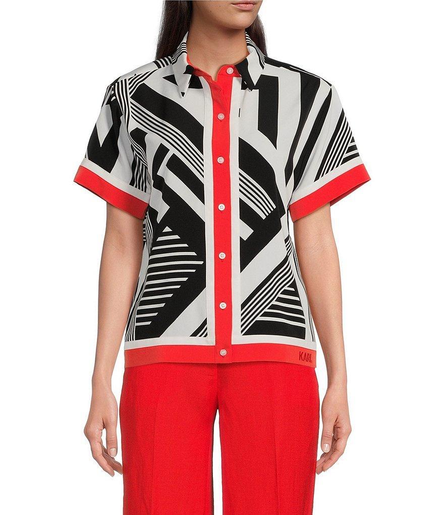 KARL LAGERFELD PARIS Printed Collared Short Sleeve Coordinating Blouse Product Image