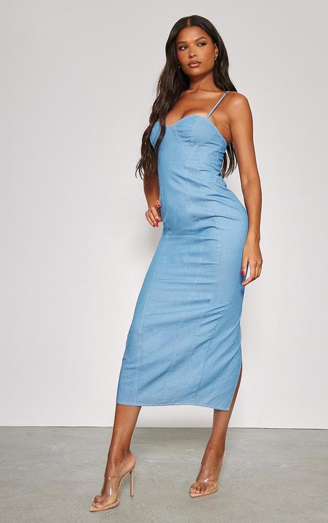 Blue Twill Contrast Stitch Midaxi Dress Product Image