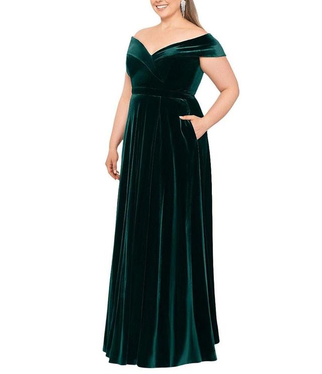 Xscape Plus Size Off-the-Shoulder Short Sleeve Velvet A-Line Gown Product Image