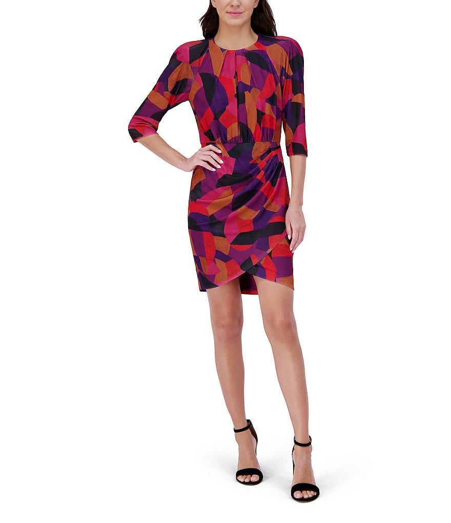 Vince Camuto Knit Geometric Print Ruched Round Neck 3/4 Sleeve Sharkbite Mini Dress Product Image