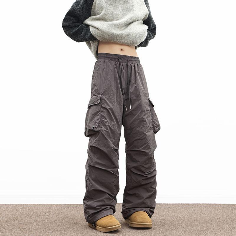 Drawstring Waist Plain Straight Leg Puffer Parachute Pants Product Image