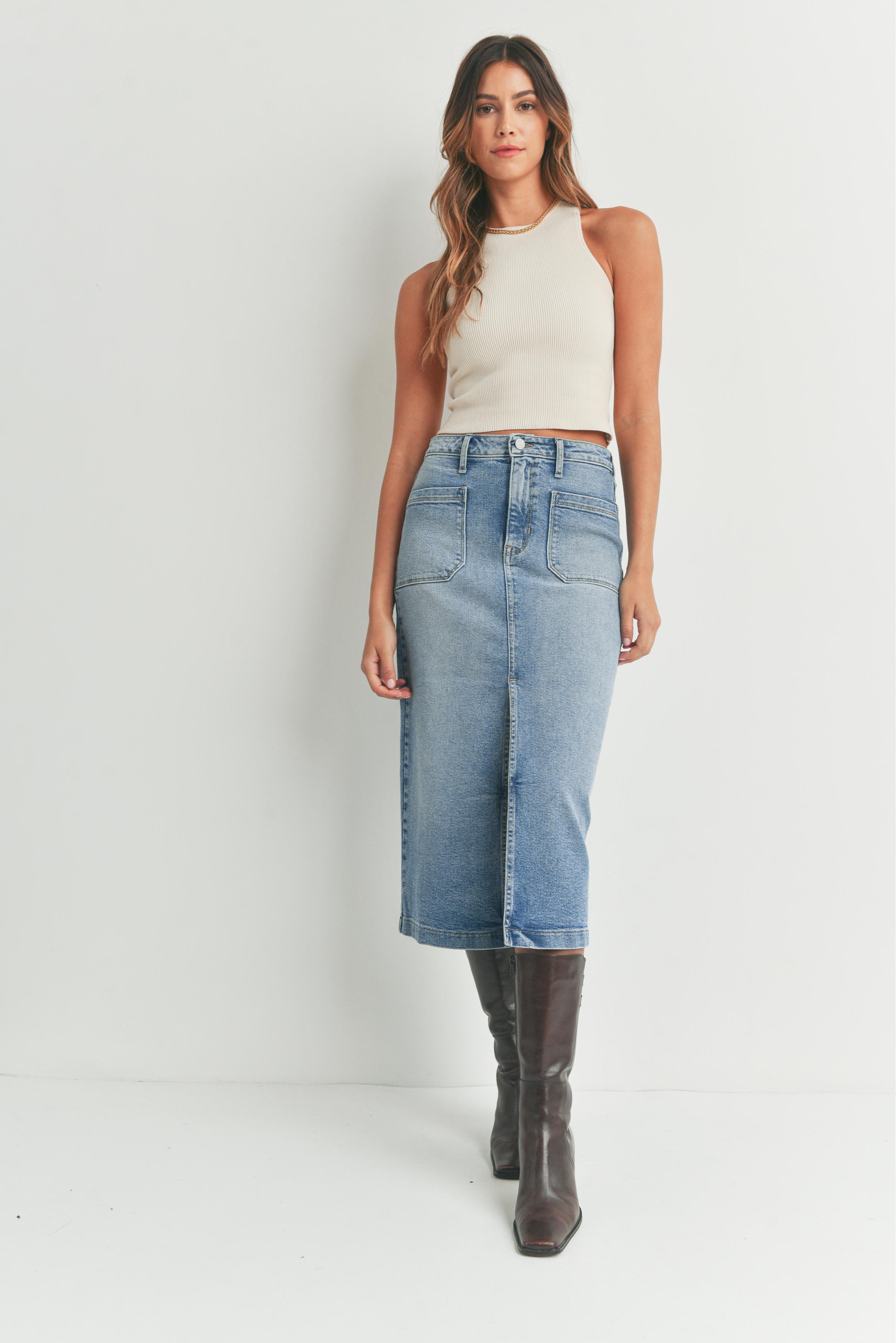 Front Slit Denim Midi Skirt Product Image