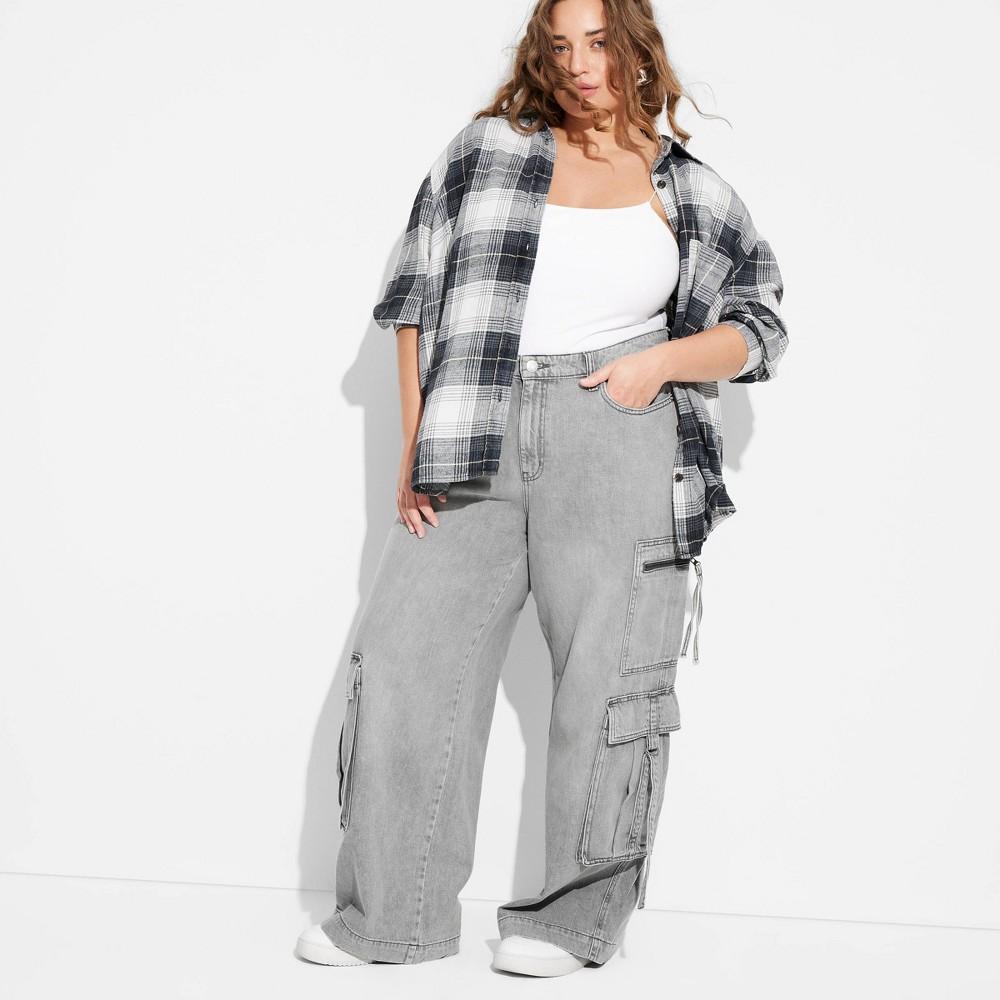 Womens Mid-Rise Wide Leg Cargo Baggy Pants - Wild Fable Gray Wash 18 Product Image