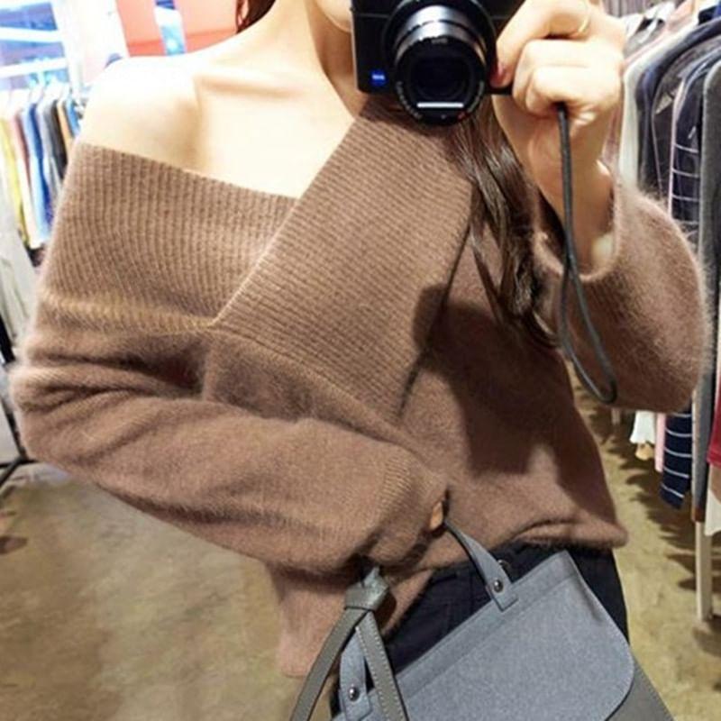 Off-Shoulder Long-Sleeve Plain Sweater Product Image