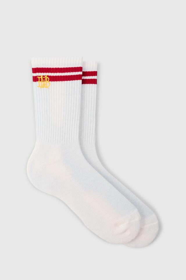 BM Embroidered Half Terry Stripe Socks In White | boohooMAN USA Product Image