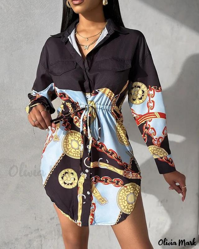 Olivia Mark – Refined Chain Scarf Patterned Button-Front Shirt Dress Product Image