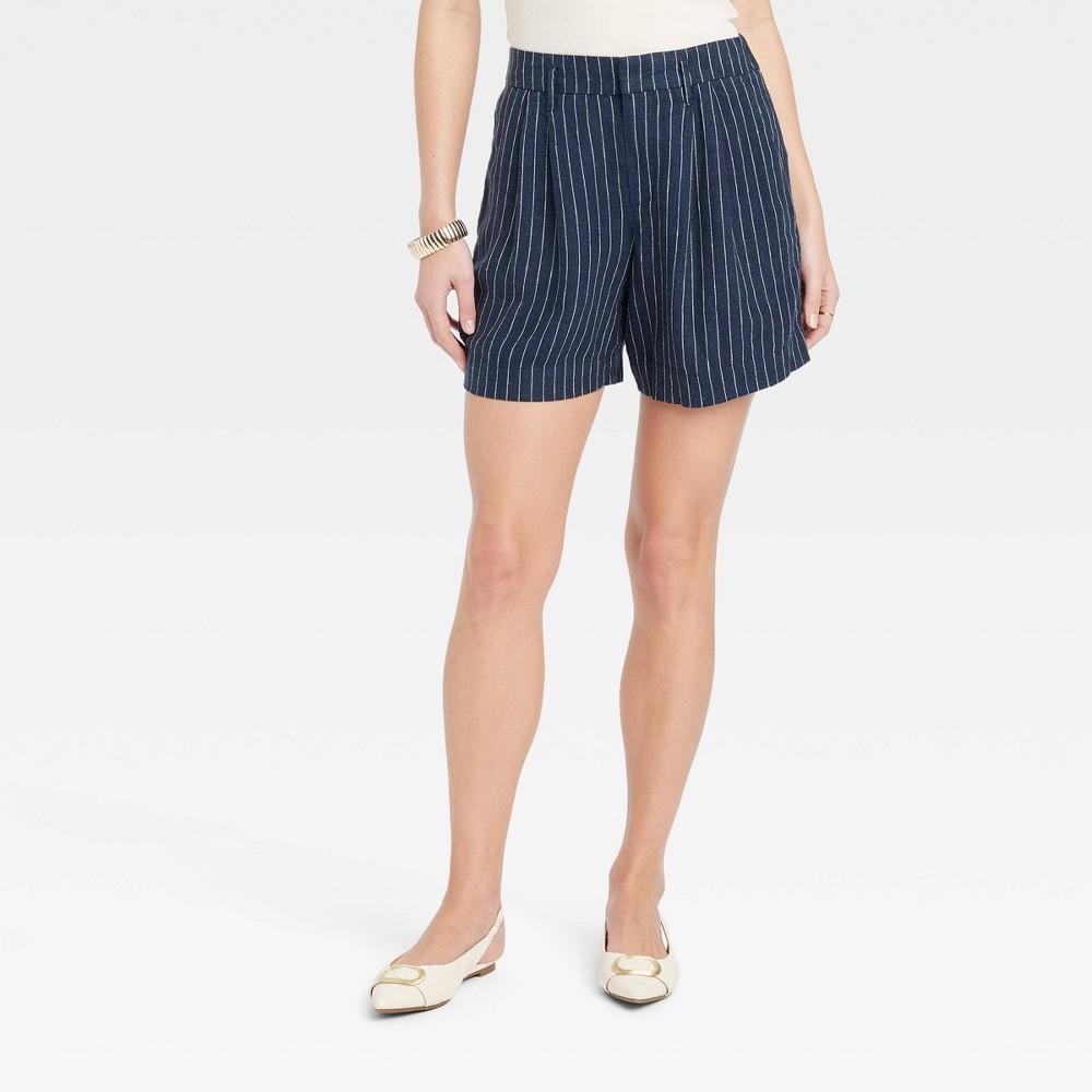 Womens High-Rise Pleated Front Shorts - A New Day Navy/White Pinstripe 10 product image