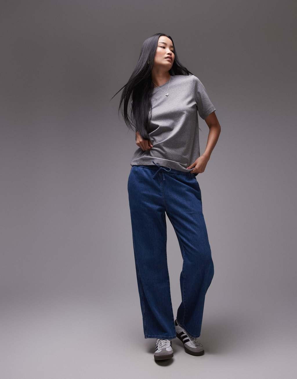 ARKET denim jersey wide leg lounge pants in mid washed blue product image