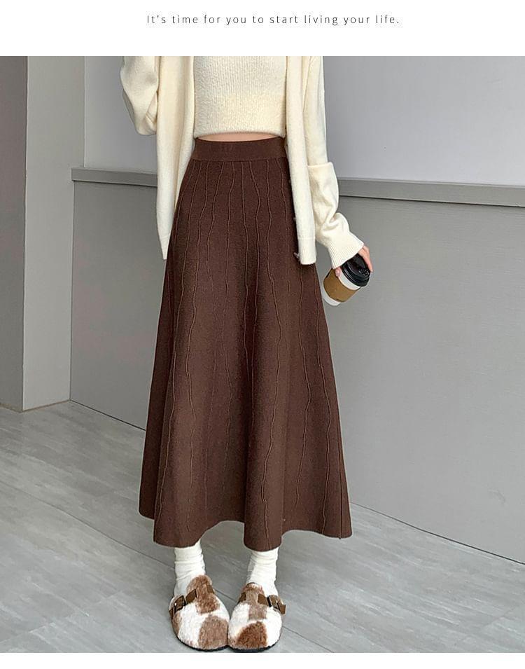 High Rise Plain Knit Midi A-Line Skirt Product Image