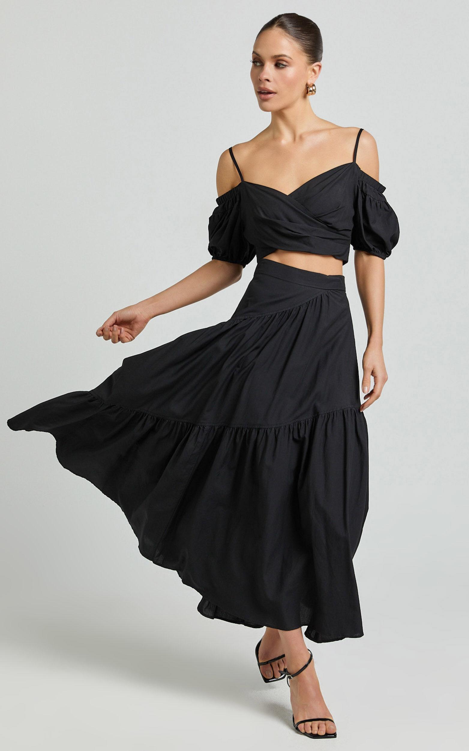 Bella Top - Off Shoulder Cross Over Puff Sleeve Crop Top in Black Product Image