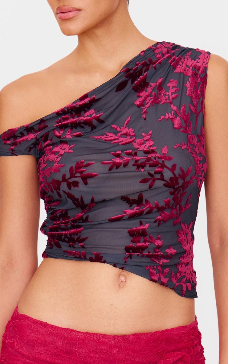 Burgundy Devore Floral Detail Asymmetric Shoulder Long Top Product Image