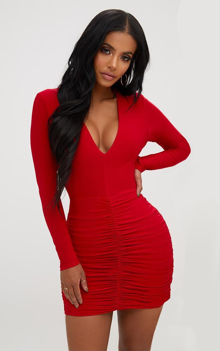 Shape Red Slinky Ruched Mini Dress Product Image