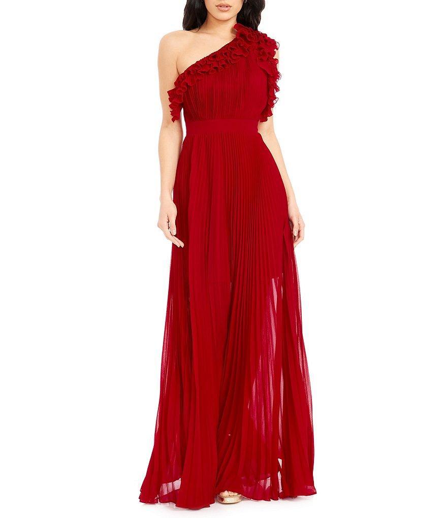 Dress the Population Vida Ruffle One Shoulder Sleeveless Pleated Gown Product Image