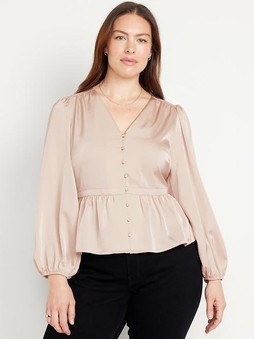 Waist-Defined Satin Peplum Top Product Image