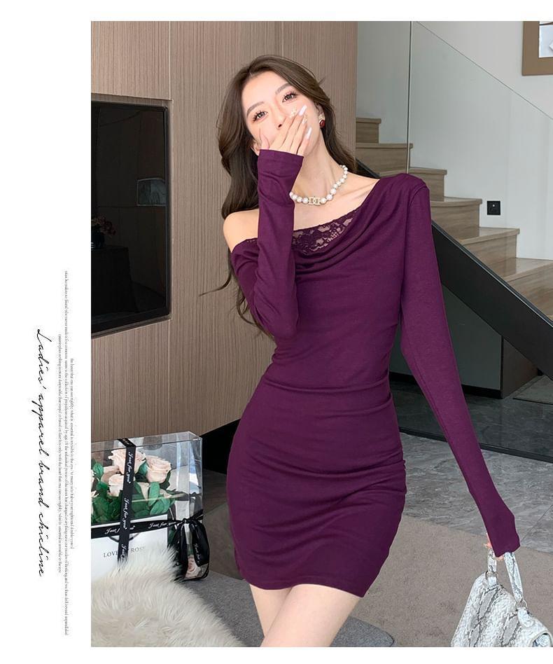 One Shoulder Long Sleeve Plain Lace Trim Bodycon Mini Dress Product Image