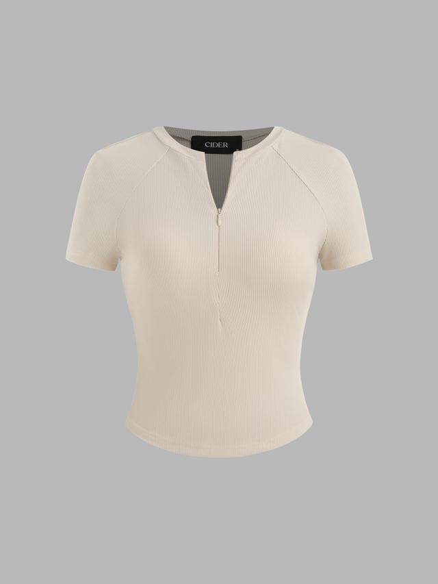 Rib Round Neckline Zipper Short Sleeve Tee Product Image