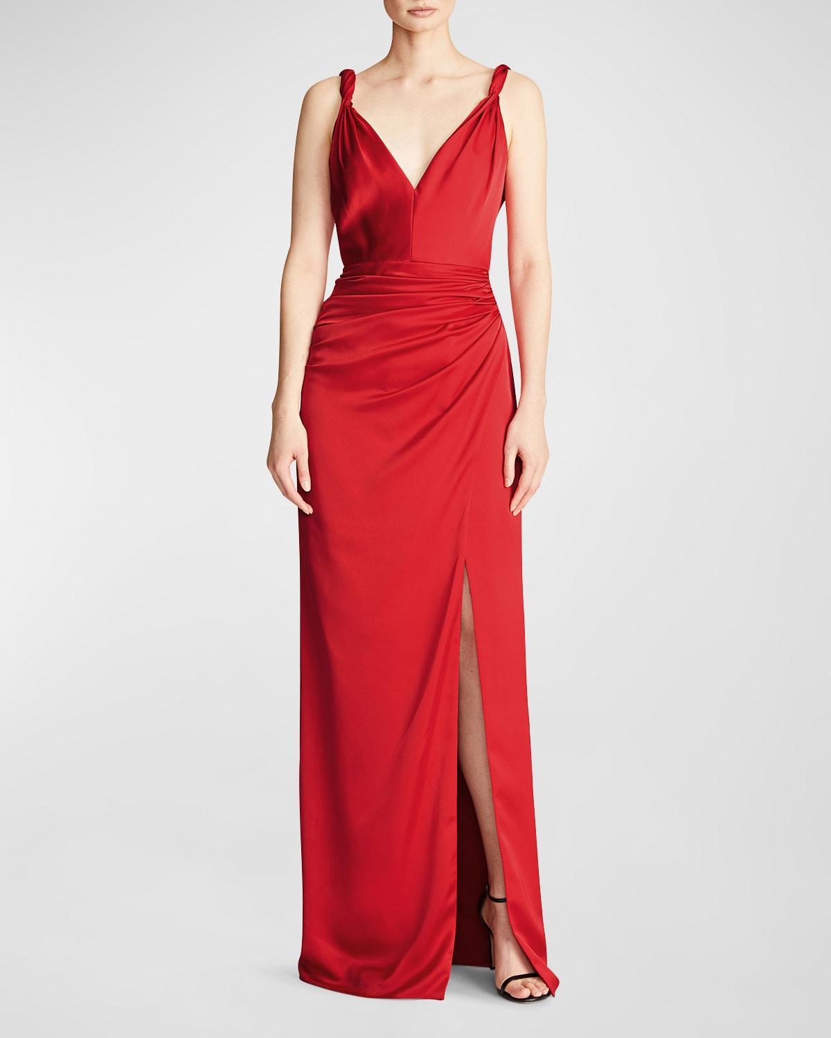 HALSTON Yvette Side Ruched Satin Gown Product Image