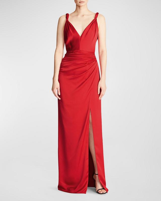 HALSTON Yvette Side Ruched Satin Gown Product Image