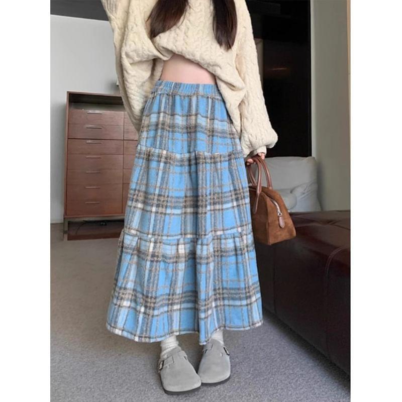 High Rise Plaid Midi A-Line Skirt Product Image