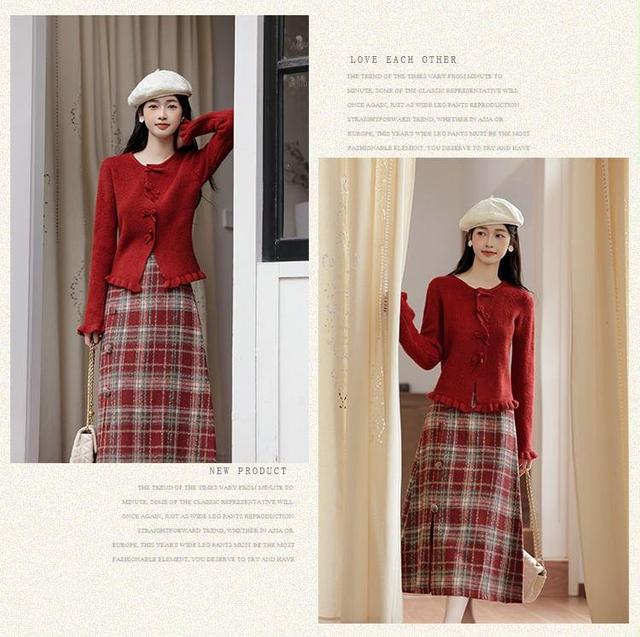 Set: Long-Sleeve Crew Neck Plain Bow Button Knit Top + High Waist Plaid Slit Midi A-Line Skirt Product Image