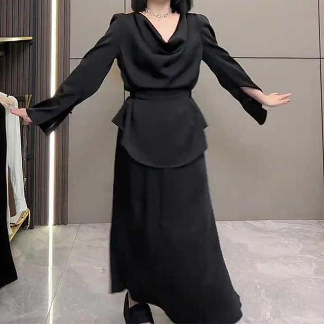 Set: Flared-Sleeve Cowl Neck Plain Blouse + High Rise Maxi Fishtail Skirt Product Image