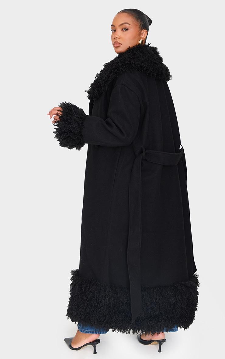 Plus Black Faux Fur Trim Constrast Wool Look Coat Product Image