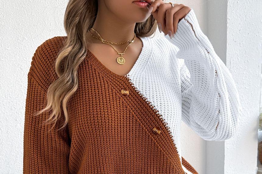 V-Neck Two Tone Button Accent Sweater Product Image