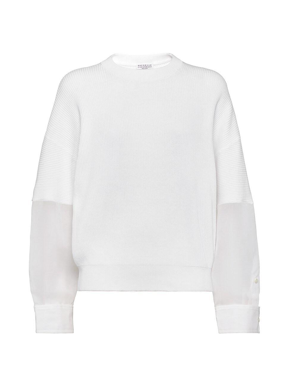 Womens Cotton English Rib Knit Sweater with Organza Sleeves Product Image