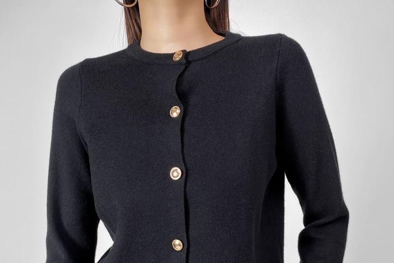 Crew Neck Plain Button Up Crop Cardigan Product Image