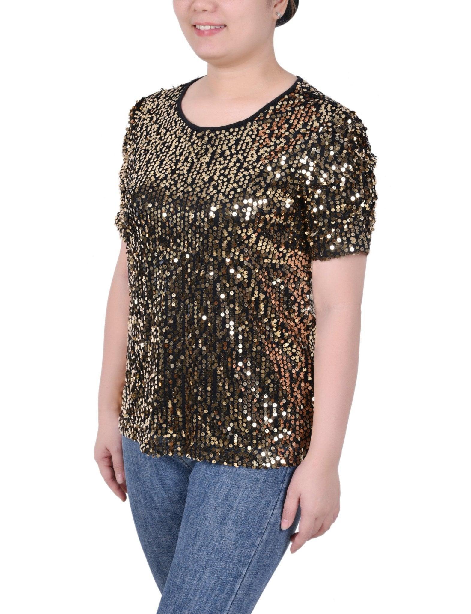 NY Collection Short Sleeve Sequined Top - Petite Product Image