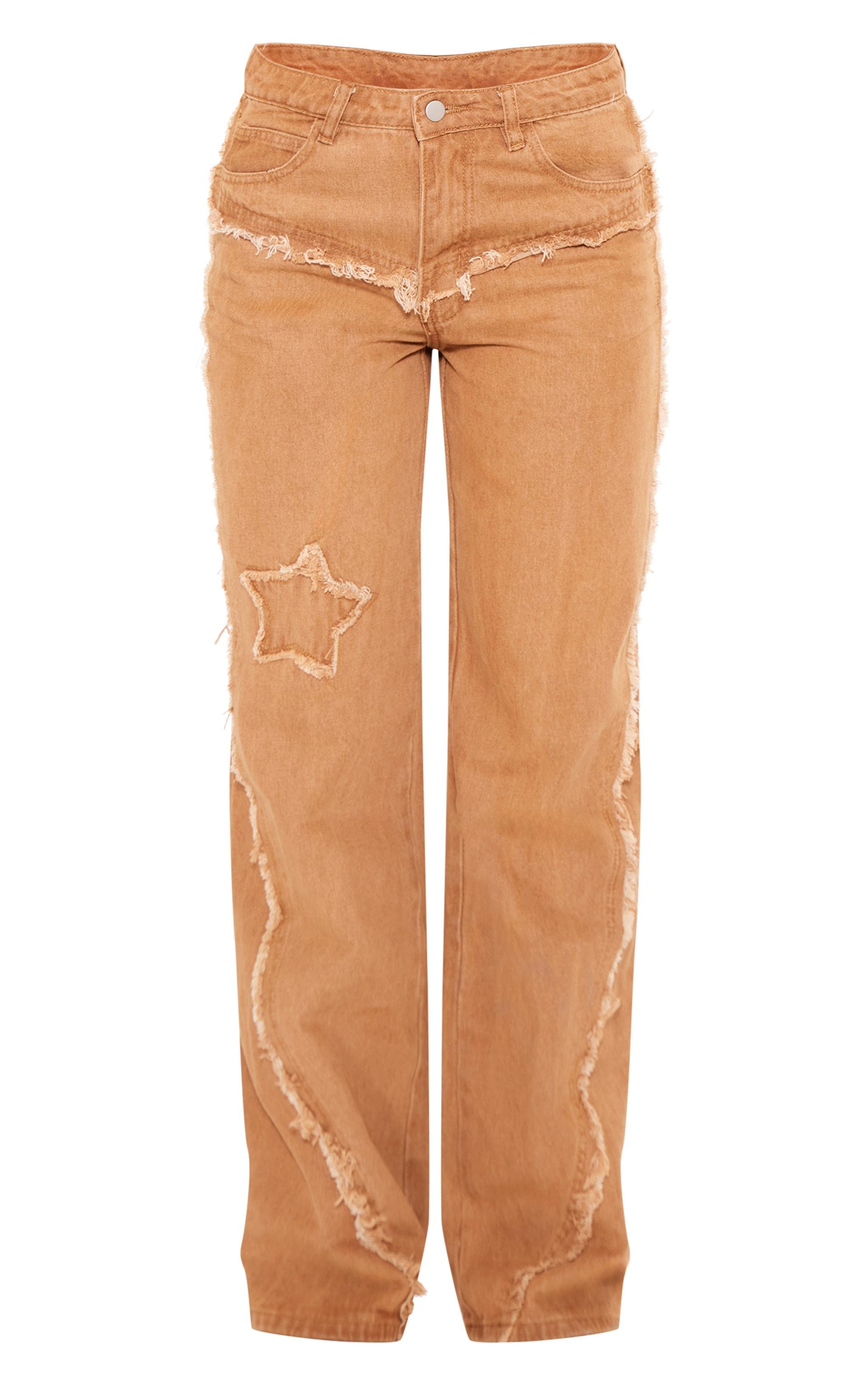 Washed Brown Raw Hem Detail Star Applique Wide Leg Jeans Product Image