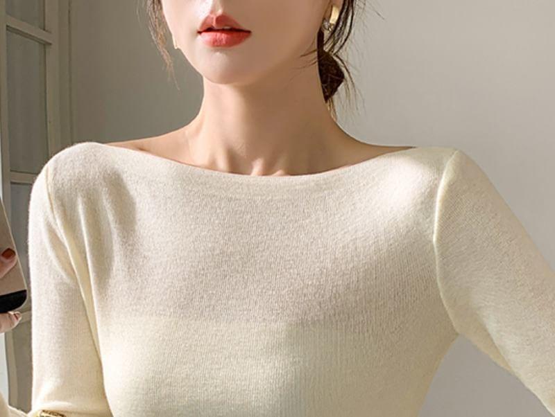 Long-Sleeve Boat Neck Plain Asymmetrical Tie Side Slim Fit Knit Top Product Image