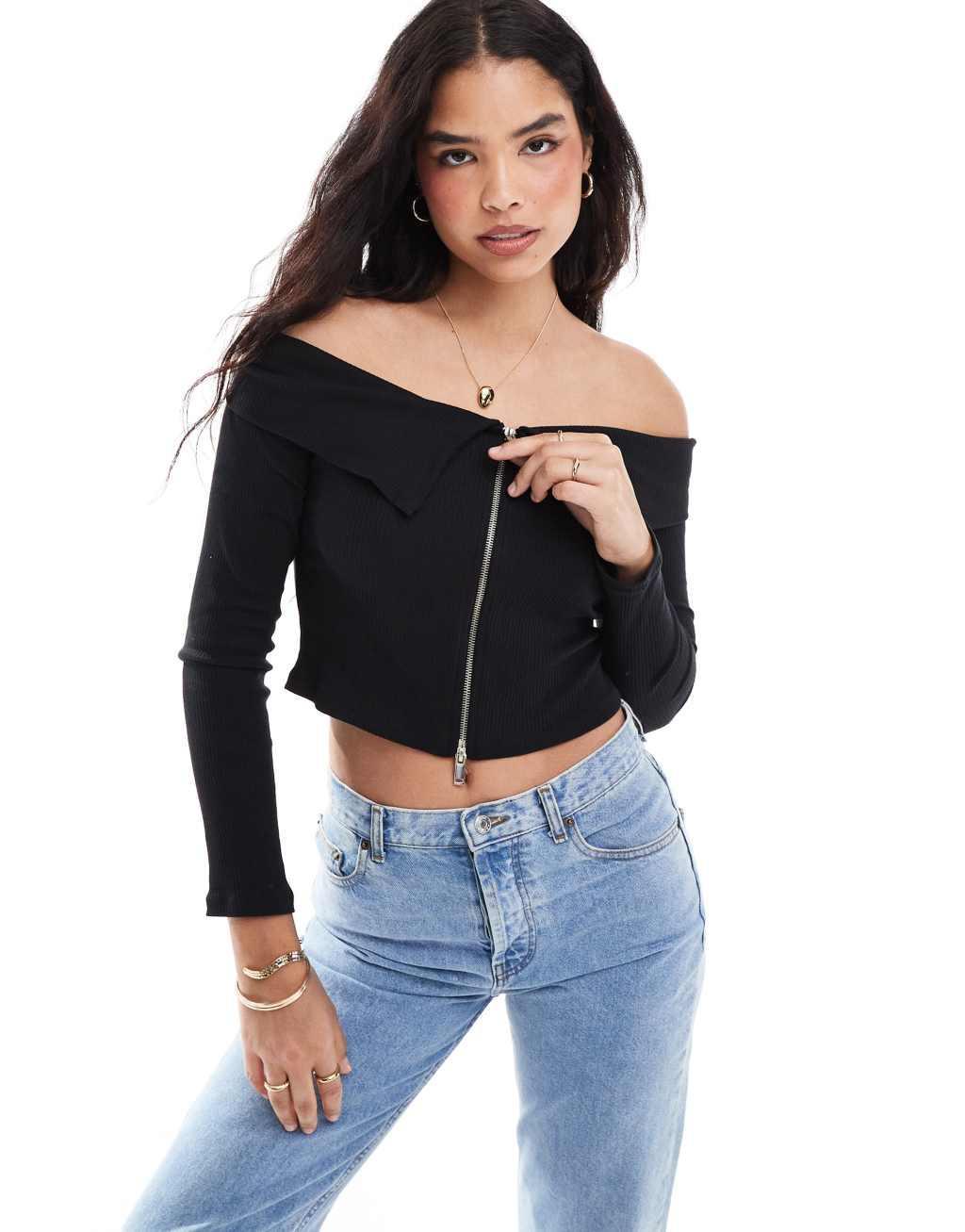 Pieces off the shoulder zip through long sleeve top in black Product Image