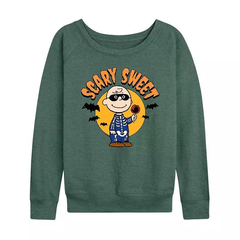 Womens Peanuts Charlie Brown Scary Sweet Halloween Lightweight French Terry Sweatshirt Grey Green Product Image